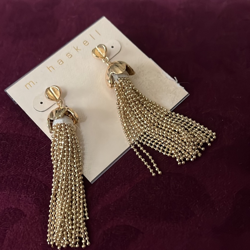 NWT M Haskell gold tone tassel pierced earrings - Picture 7 of 8